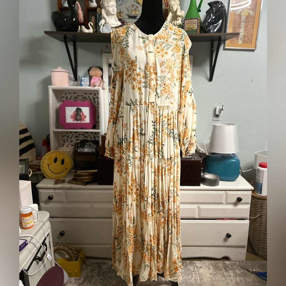 Zara Cream and Orange Floral Maxi Dress